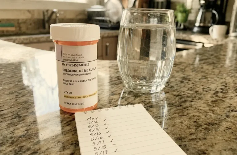 Suboxone-8-2mg-prescription-bottle-on-a-kitchen-counter-with-a-glass-of-water-and-a-daily-dose-tracking-notepad-showing-missed-day