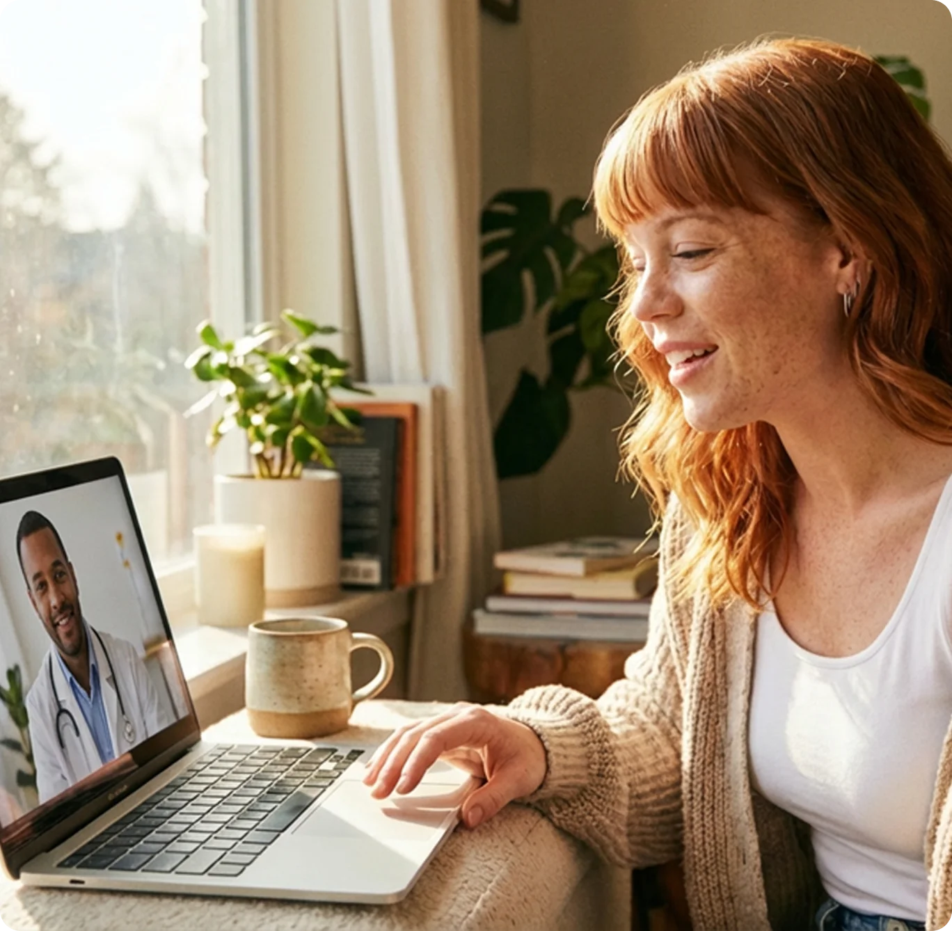 Smiling woman with red hair having an online counseling session with a doctor via laptop at home
