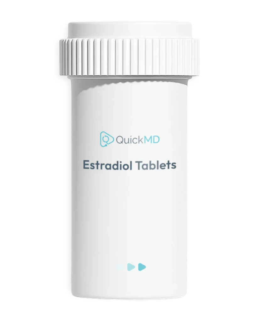 QuickMD Estradiol Tablets in a white prescription pill bottle with childproof cap on white background