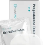 QuickMD Estradiol Patch packet and Progesterone Tablets box, hormone replacement therapy medications