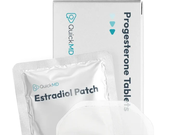 QuickMD Estradiol Patch packet and Progesterone Tablets box, hormone replacement therapy medications