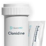 QuickMD Clonidine medication bottle alongside a Suboxone buprenorphine and naloxone packet on white background