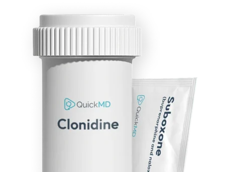 QuickMD Clonidine medication bottle alongside a Suboxone buprenorphine and naloxone packet on white background