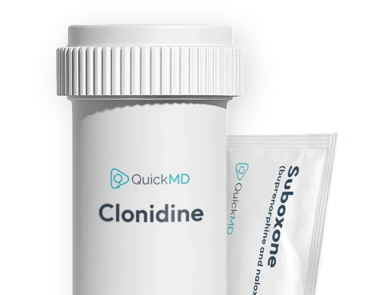 QuickMD Clonidine medication bottle alongside a Suboxone buprenorphine and naloxone packet on white background
