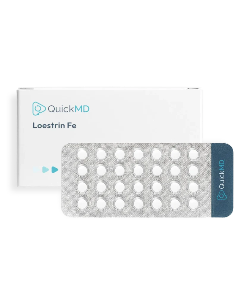 QuickMD Loestrin Fe birth control pill blister pack with white medication box on white background