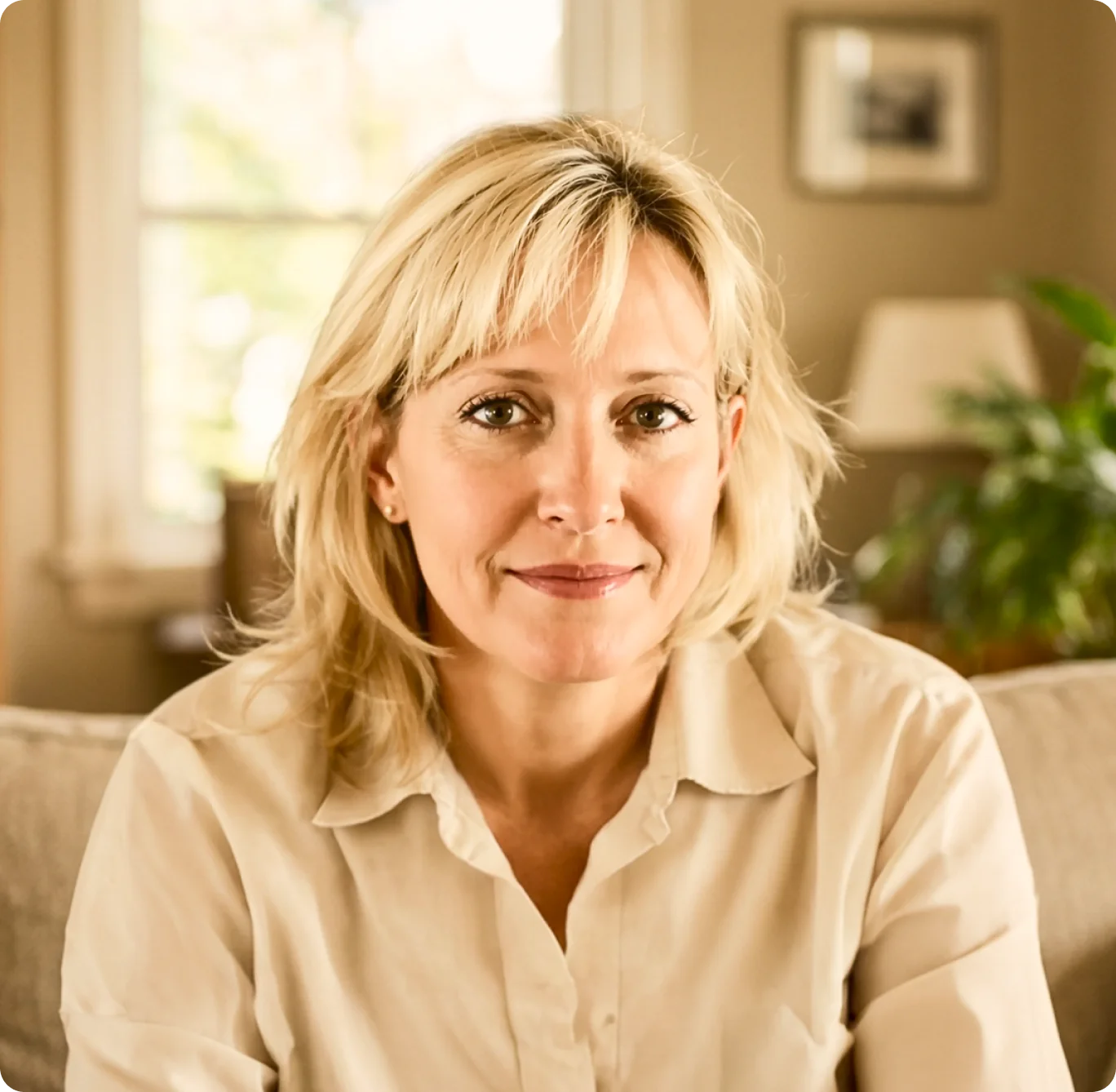 Middle-aged blonde woman smiling calmly at home, wearing a cream blouse, in a warm, softly lit living room setting.