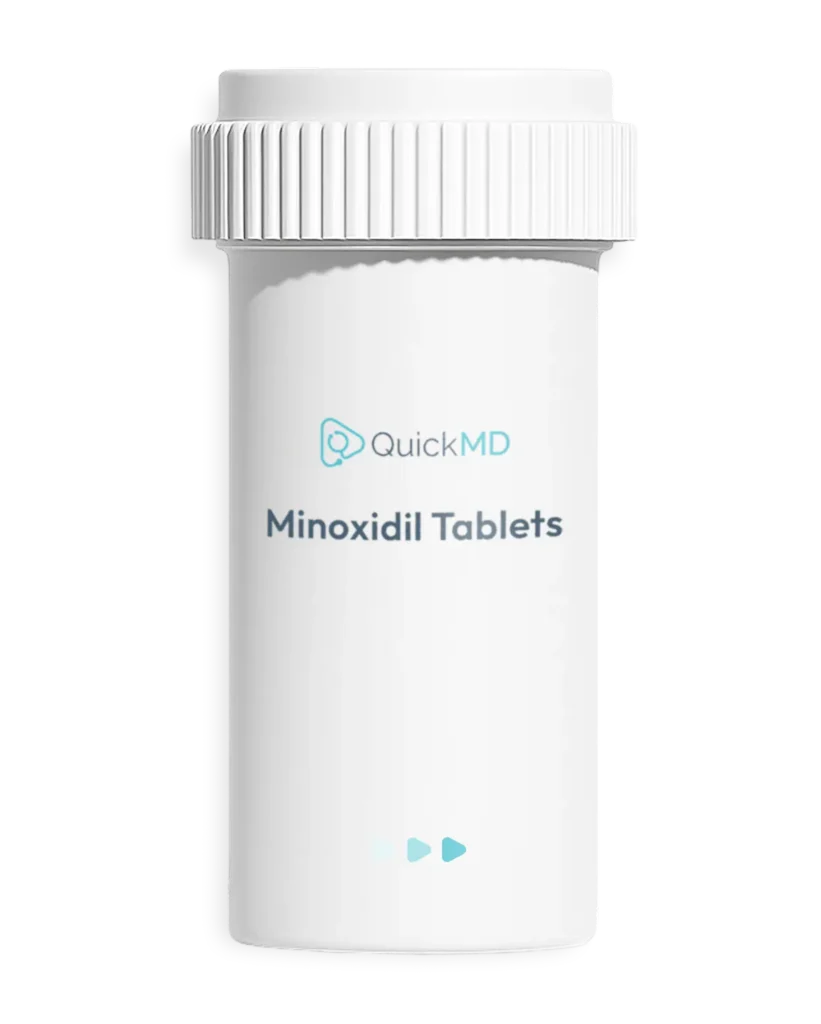 QuickMD Minoxidil Tablets in a white prescription pill bottle with childproof cap for hair loss treatment