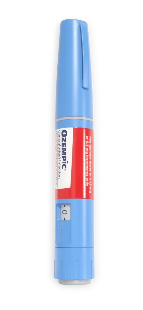 Ozempic (semaglutide) injectable pen in light blue, delivering 0.25 mg or 0.5 mg doses for diabetes and weight management.