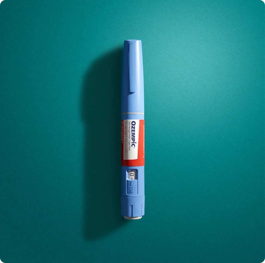 Ozempic (semaglutide) injectable pen in blue against a teal background for type 2 diabetes and weight management