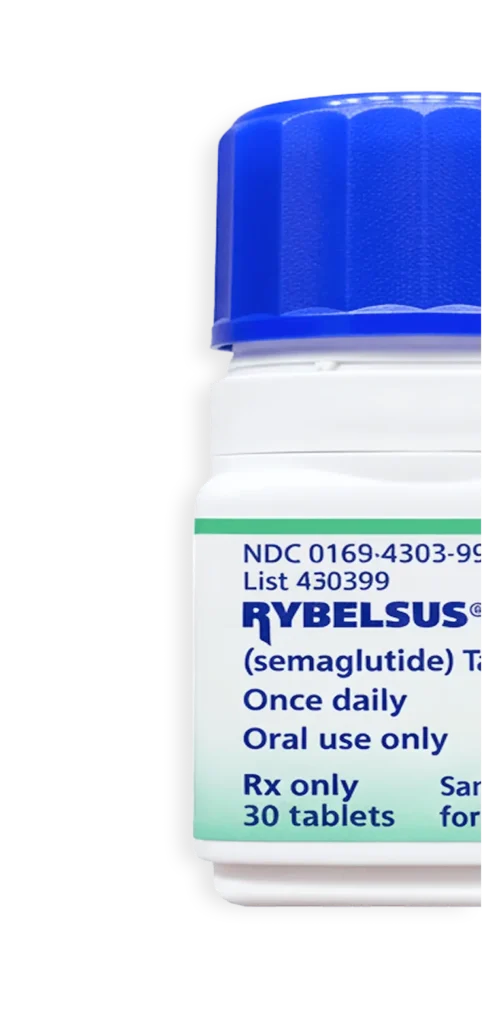 Rybelsus (semaglutide) oral tablet medication bottle with blue cap, 30 tablets, once daily prescription for diabetes