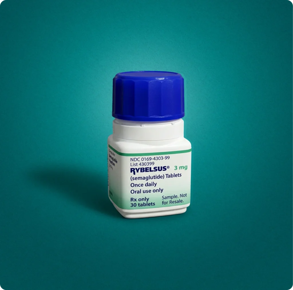 Rybelsus 3mg semaglutide oral tablets bottle with blue cap, 30-count prescription diabetes medication on teal background