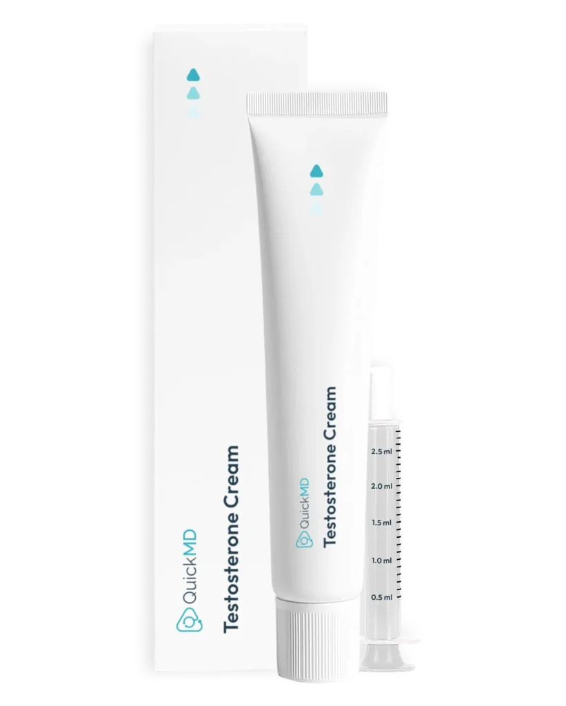 QuickMD Testosterone Cream tube with branded packaging box and measured dosing syringe on white background