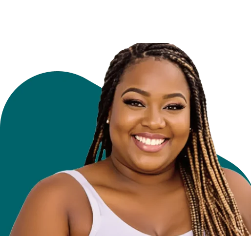 Smiling woman with long braids wearing a white top against a teal background, representing weight loss journey success