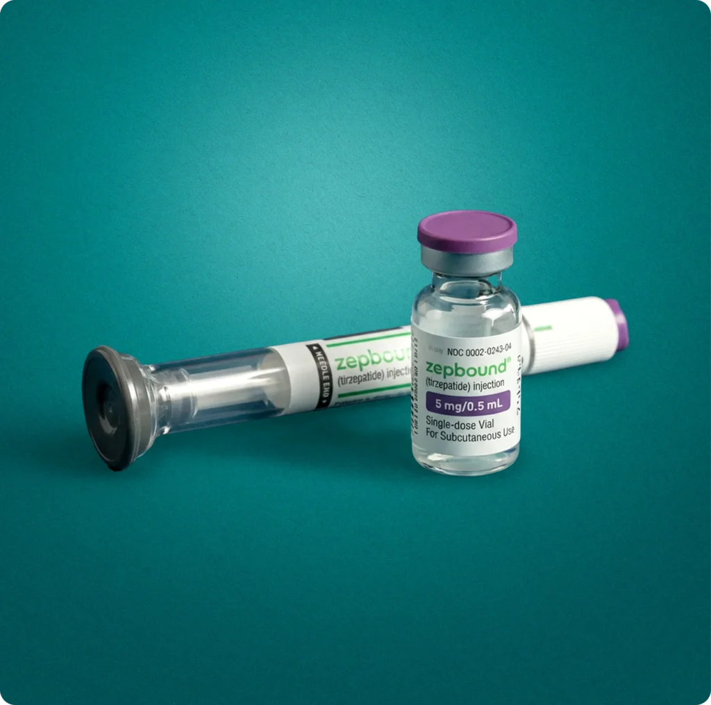 Zepbound (tirzepatide) 5mg/0.5mL single-dose vial and auto-injector pen for subcutaneous use on teal background