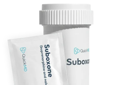 QuickMD Suboxone film and bottle for online opioid addiction treatment