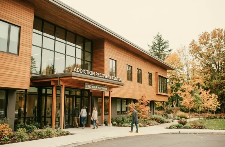 Modern wood-paneled Addiction Recovery Center building with "Find Your Way Home" sign, surrounded by autumn trees and people entering.