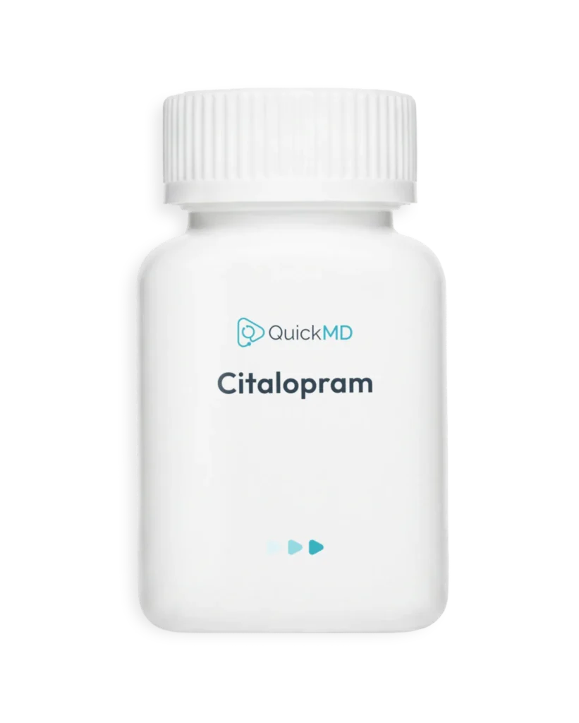 QuickMD Citalopram antidepressant medication bottle with white cap on white background