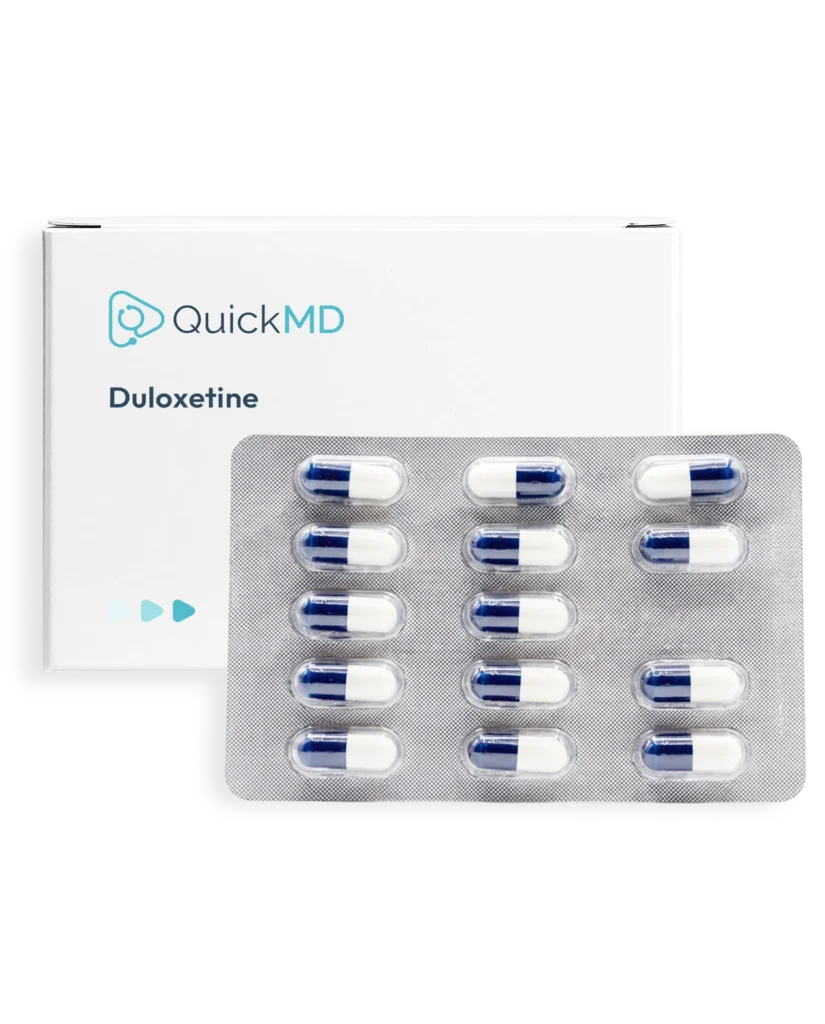 QuickMD Duloxetine medication box with blister pack of 15 blue and white capsules