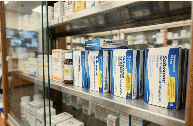 Boxes of Suboxone (buprenorphine and naloxone) sublingual film displayed on a glass pharmacy shelf alongside other prescription medications.