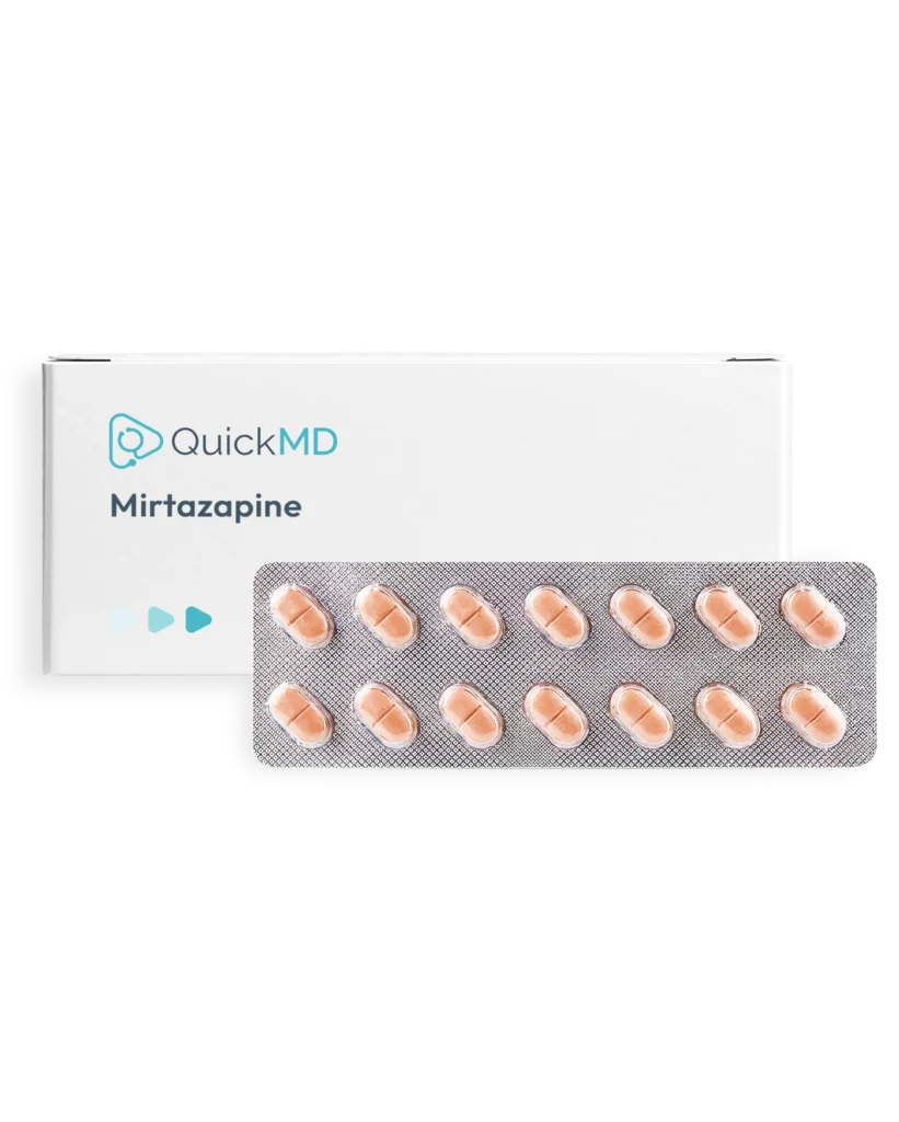 QuickMD Mirtazapine medication box with blister pack of peach-colored oval tablets