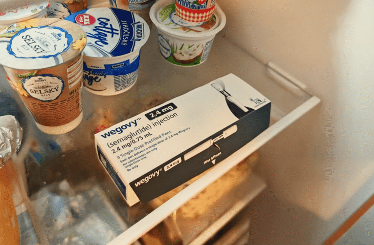 Wegovy (semaglutide) weight-loss injection box stored in a refrigerator obtained through a telehealth provider like QuickMD.