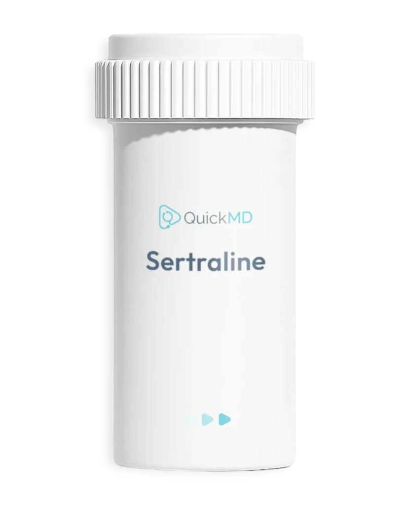 QuickMD Sertraline prescription medication bottle with white childproof cap