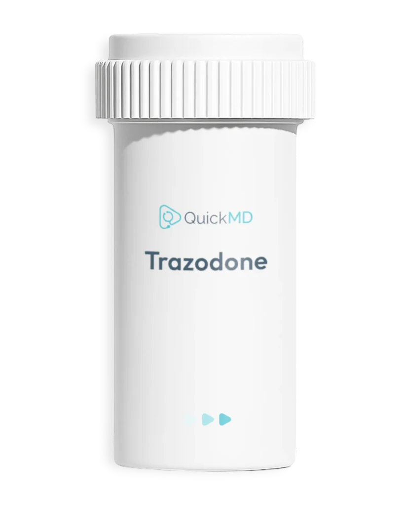 QuickMD Trazodone prescription medication bottle with child-resistant cap on white background