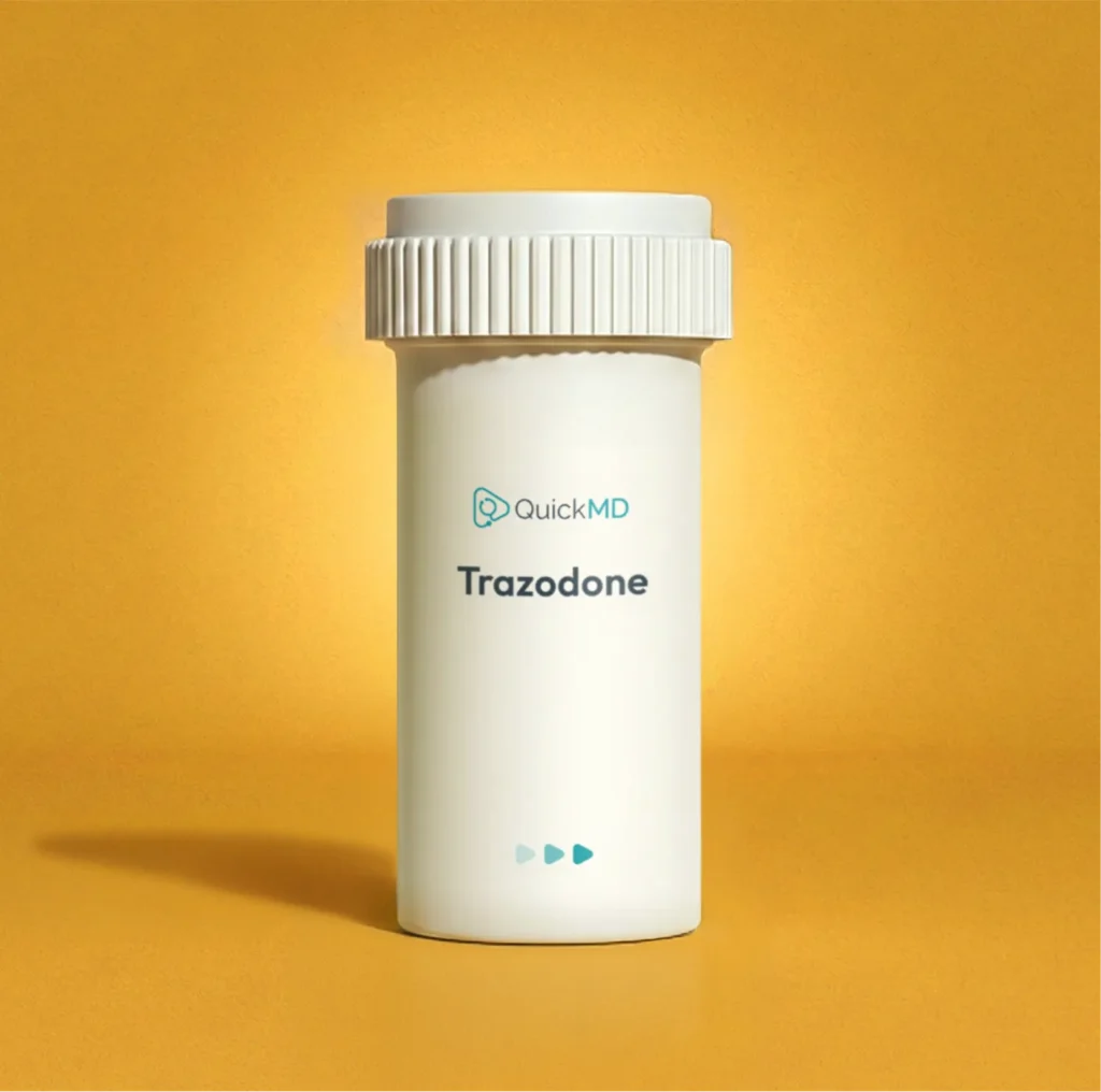 QuickMD Trazodone prescription medication bottle with white cap on a yellow background