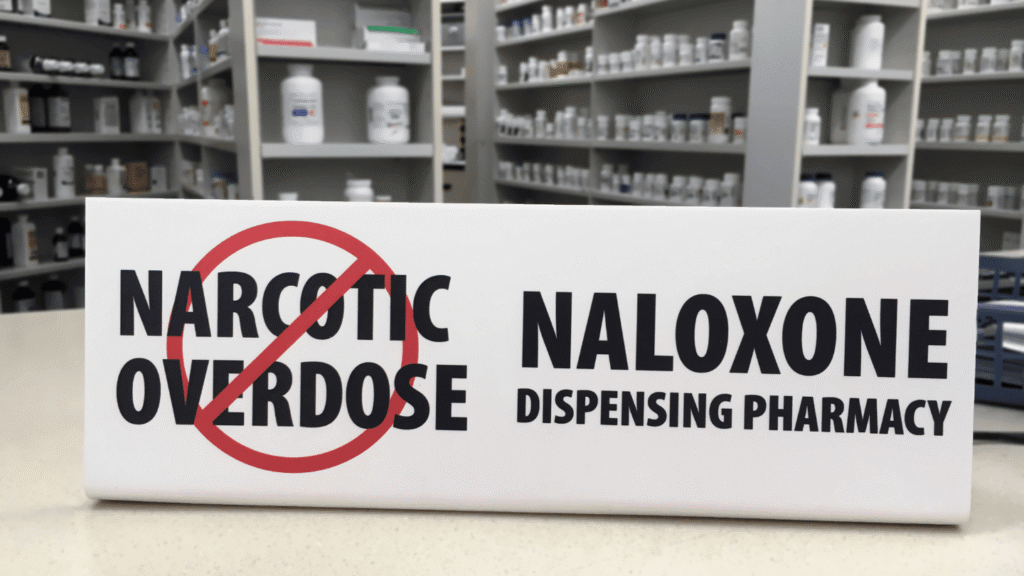 Sign in a pharmacy reading "Naloxone Dispensing Pharmacy," promoting access to opioid overdose reversal medication for fentanyl