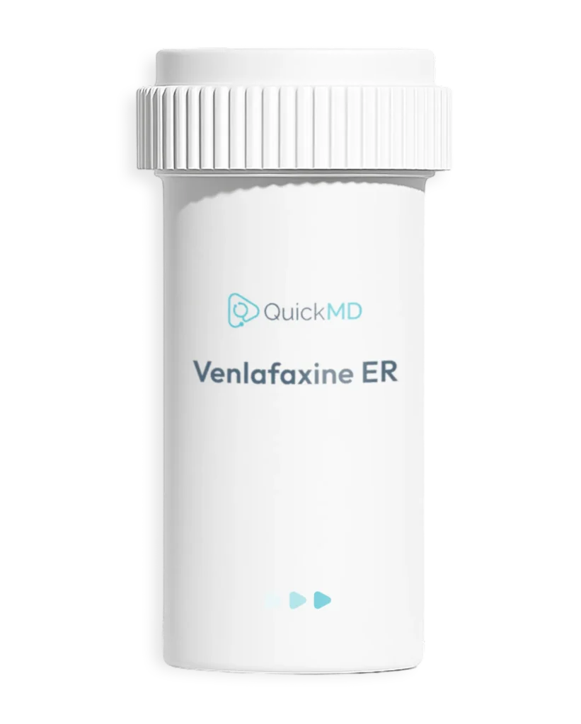 QuickMD Venlafaxine ER prescription medication bottle, an antidepressant SNRI used for depression and anxiety
