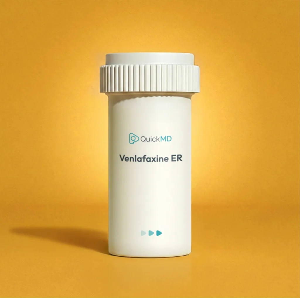 QuickMD Venlafaxine ER medication bottle with white child-resistant cap on a golden yellow background
