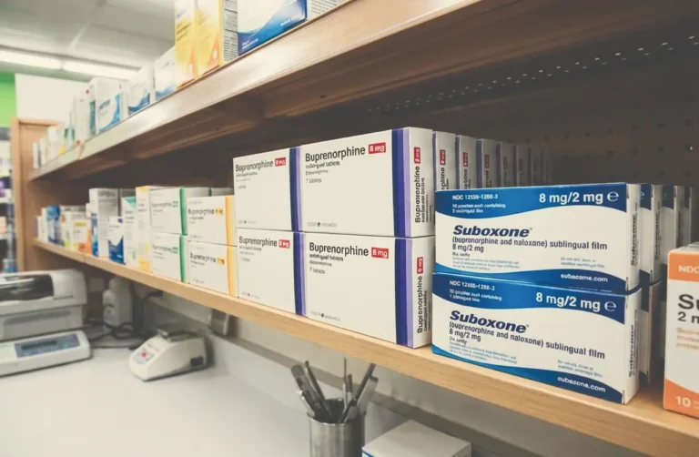 Pharmacy shelf stocked with boxes of Suboxone (buprenorphine and naloxone) sublingual film and buprenorphine tablets in various dosages.