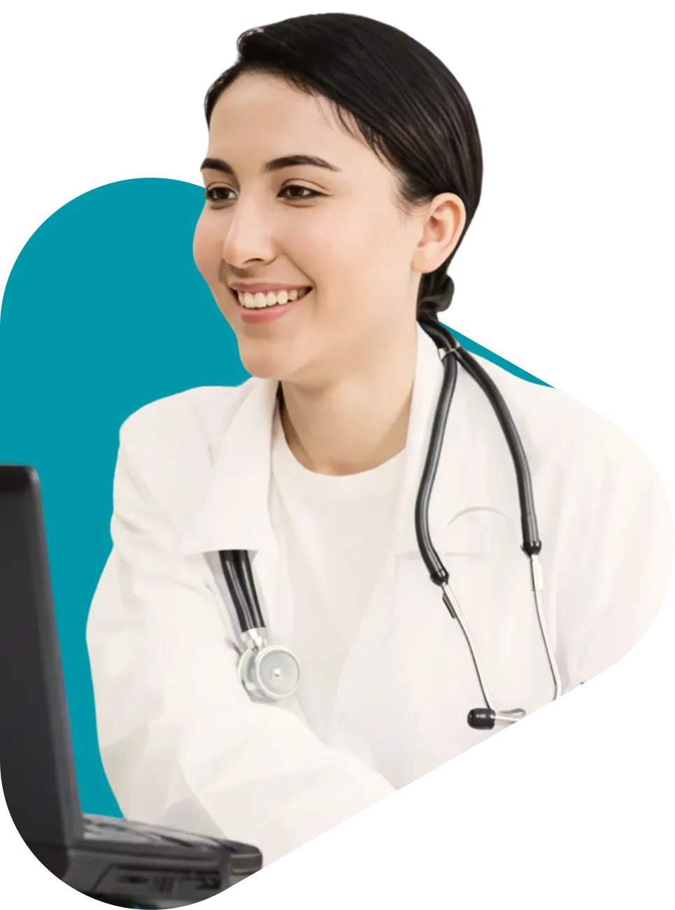Smiling female doctor in white coat with stethoscope working on a laptop during a telehealth consultation