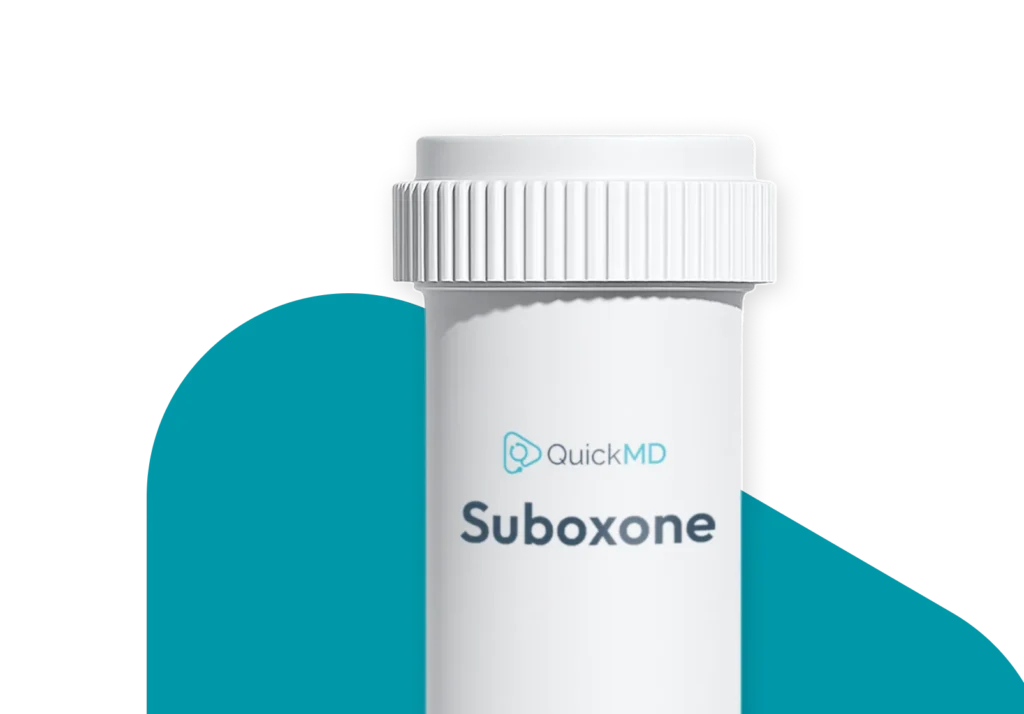 White prescription pill bottle labeled Suboxone by QuickMD with a teal decorative background shape
