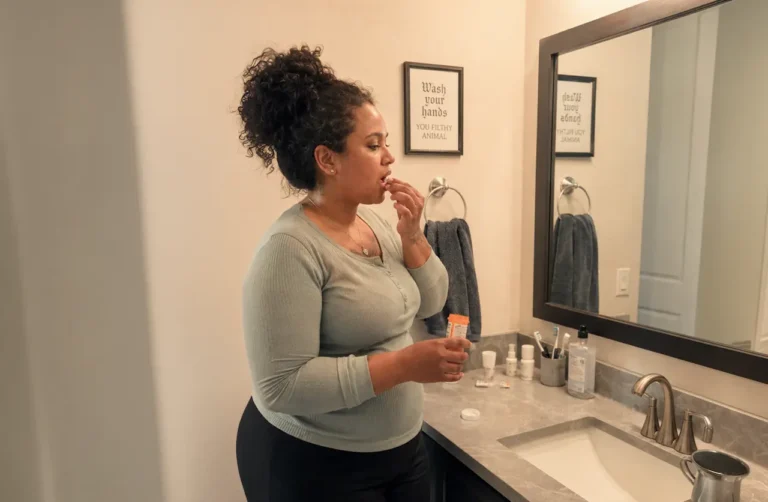 Woman taking a Trazodone pill from an orange medication bottle in a bathroom, reflected in a mirror behind her.