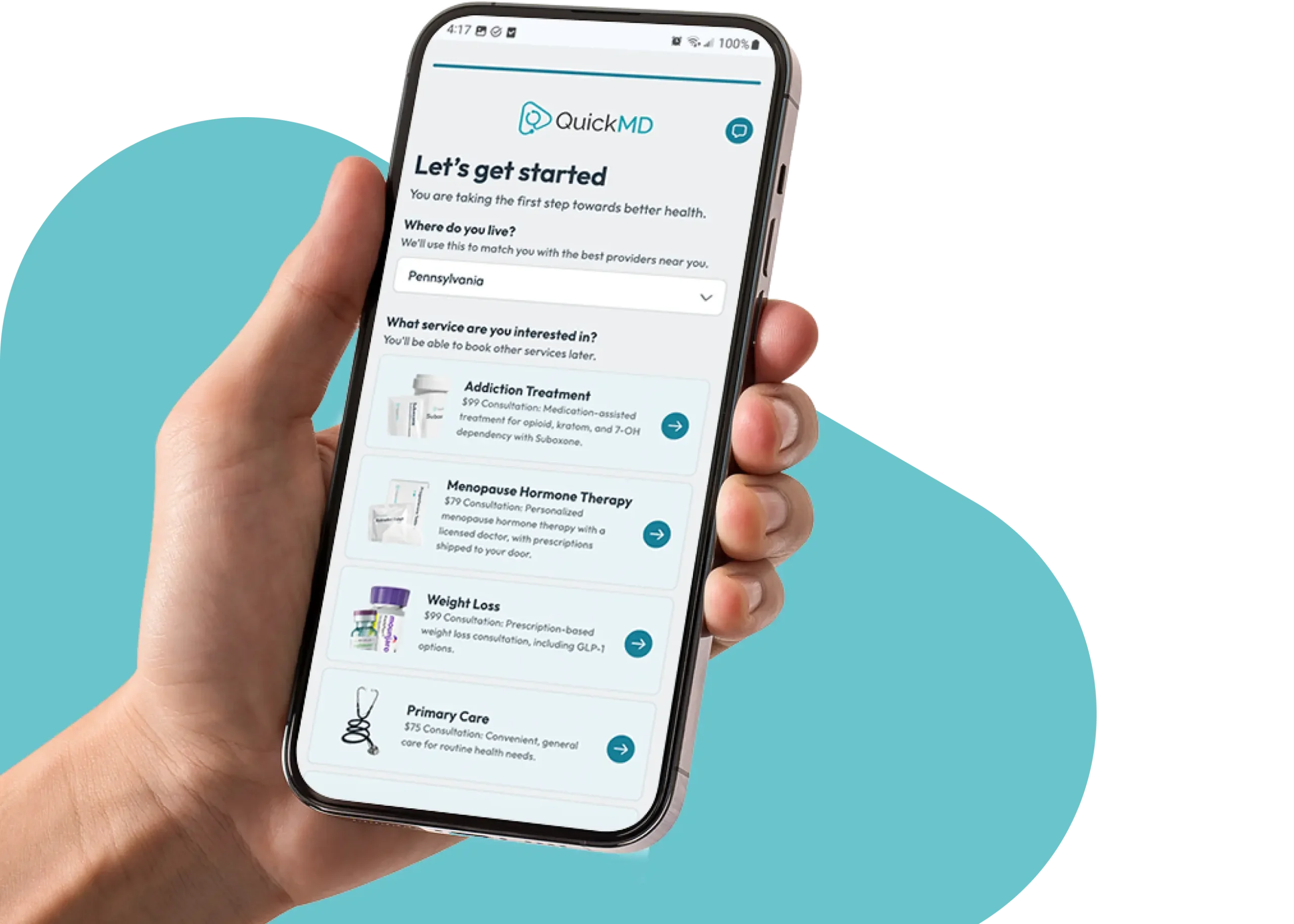 Hand holding a smartphone displaying the QuickMD app onboarding screen with telehealth service options including addiction treatment and weight loss