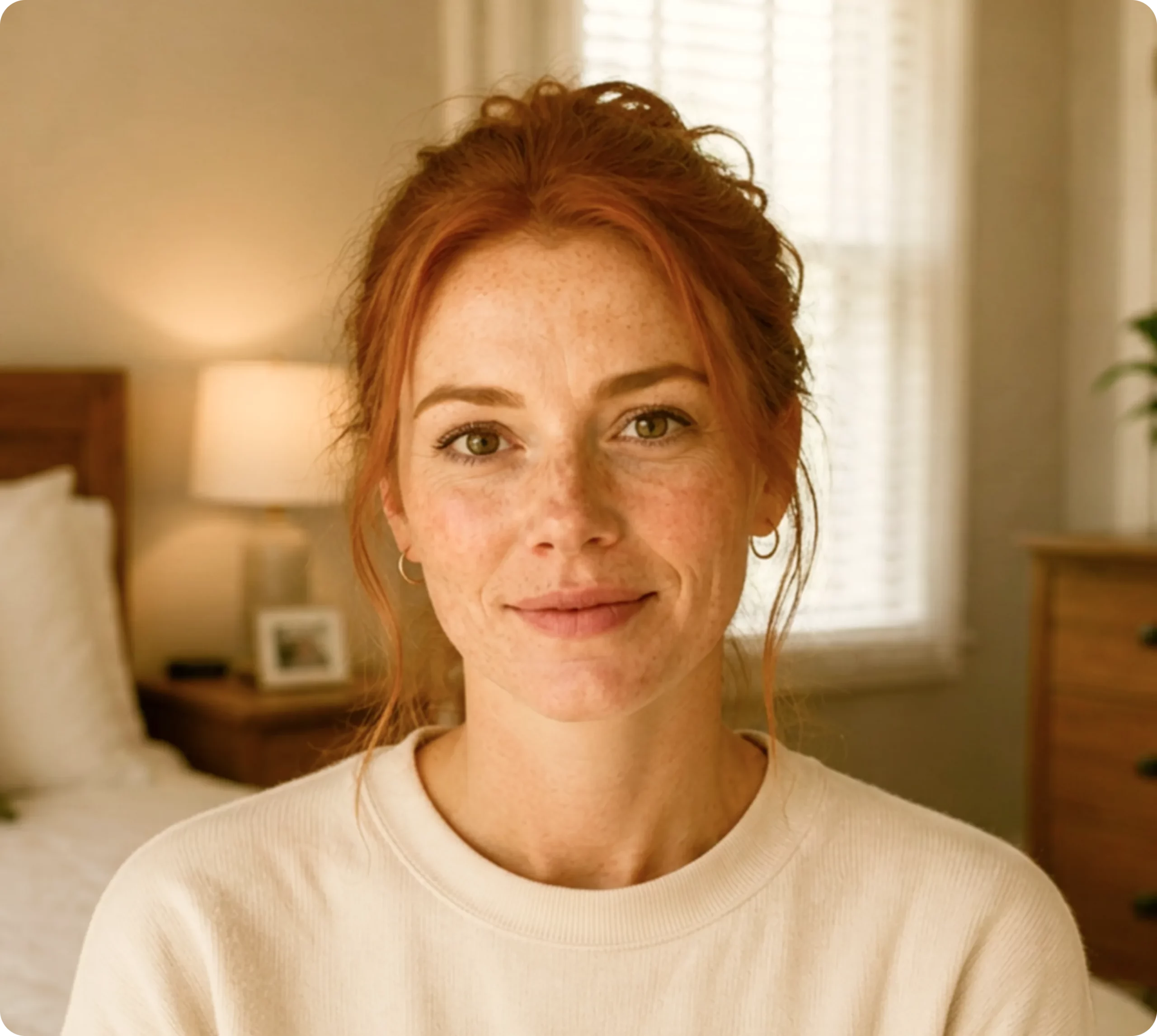 Woman smiling at home for online mental health care