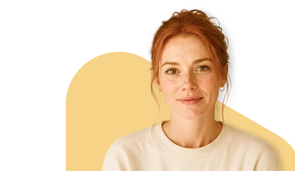 Smiling young woman in a white sweater starting online care with QuickMD