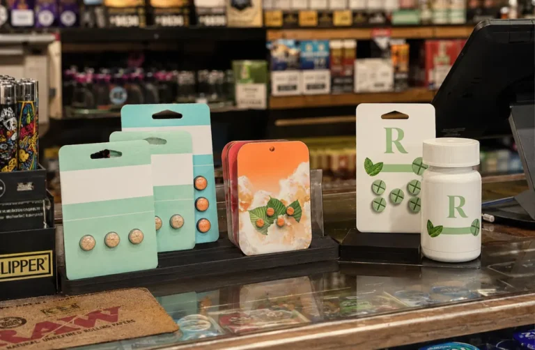 7-OH-gummies-capsules-and-extracts-displayed-on-a-smoke-shop-counter-with-blister-packs-and-supplement-bottles