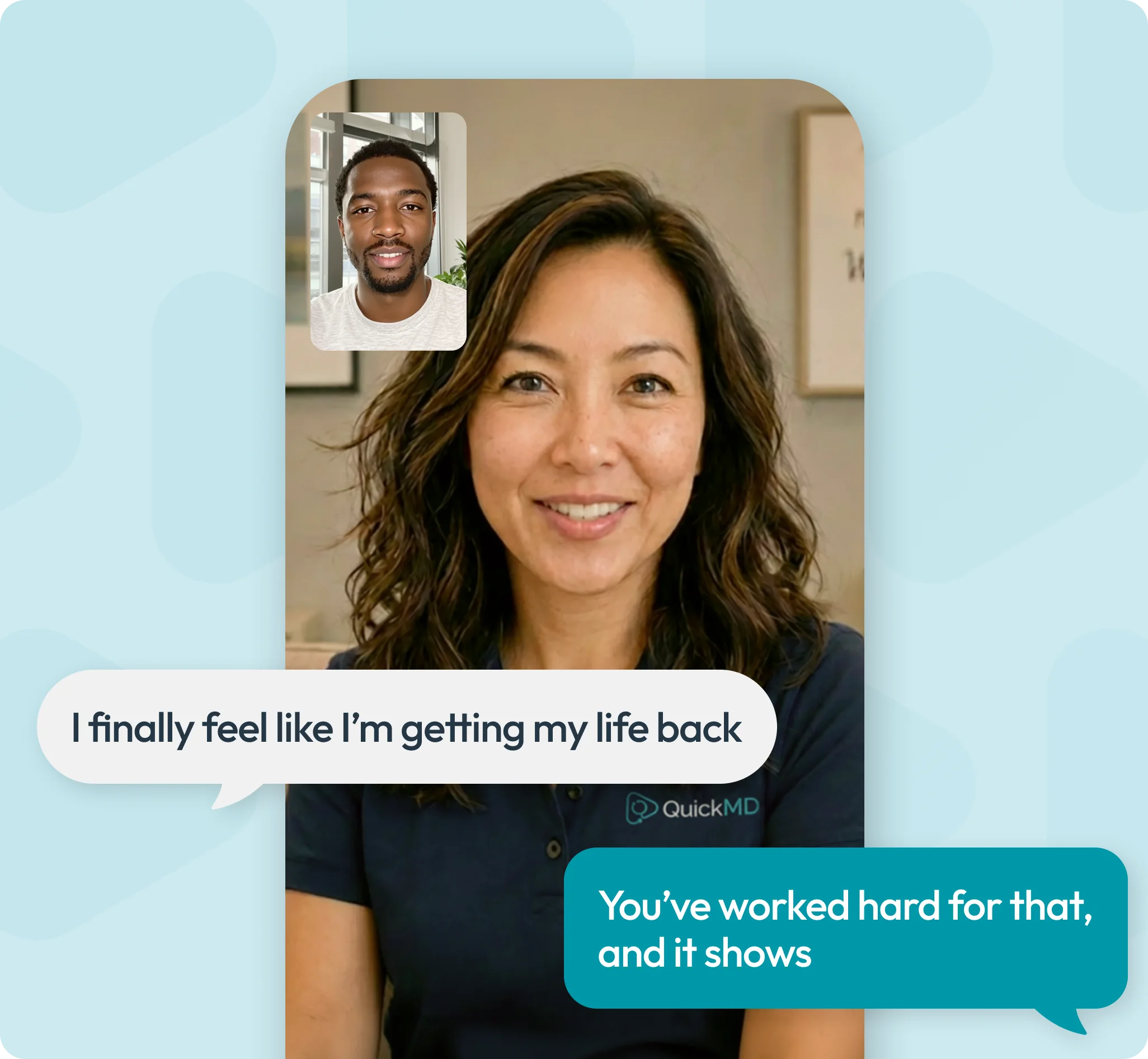 QuickMD counselor on a telehealth video call providing addiction recovery support with encouraging chat messages