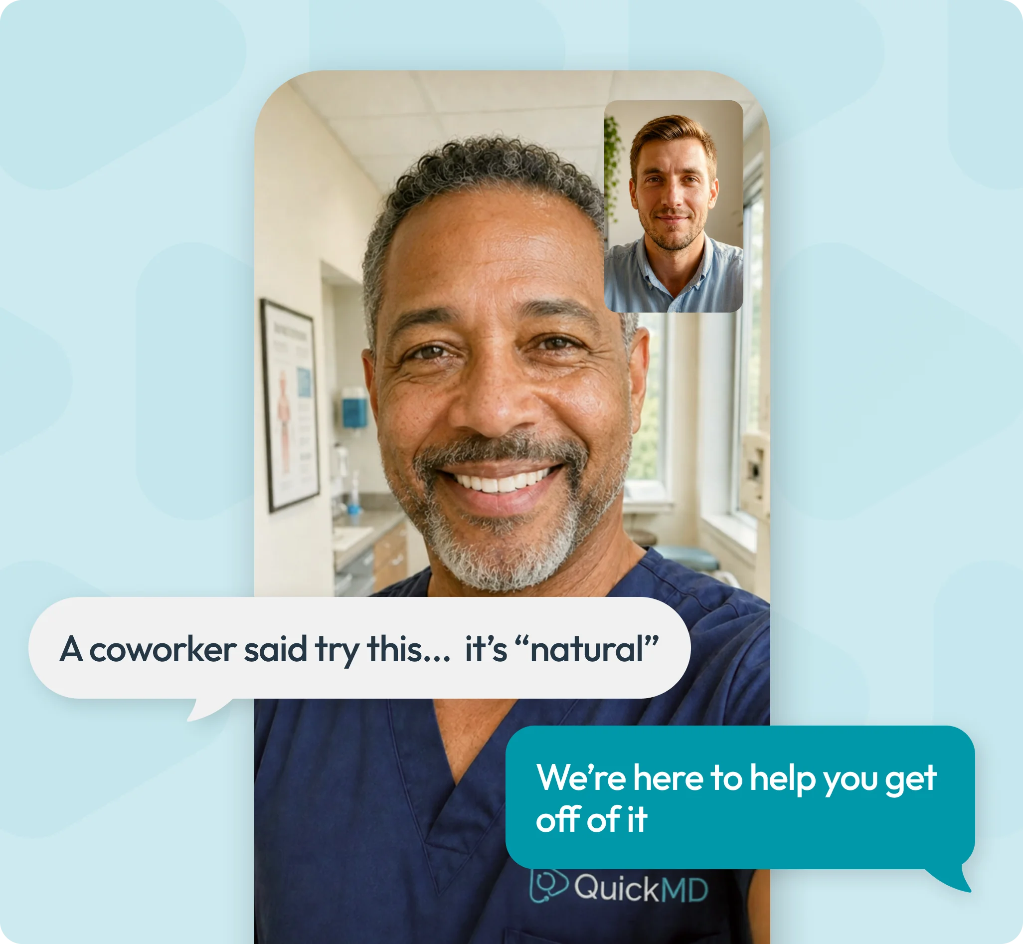 QuickMD doctor on video call helping patient quit kratom with chat bubbles discussing natural substance treatment