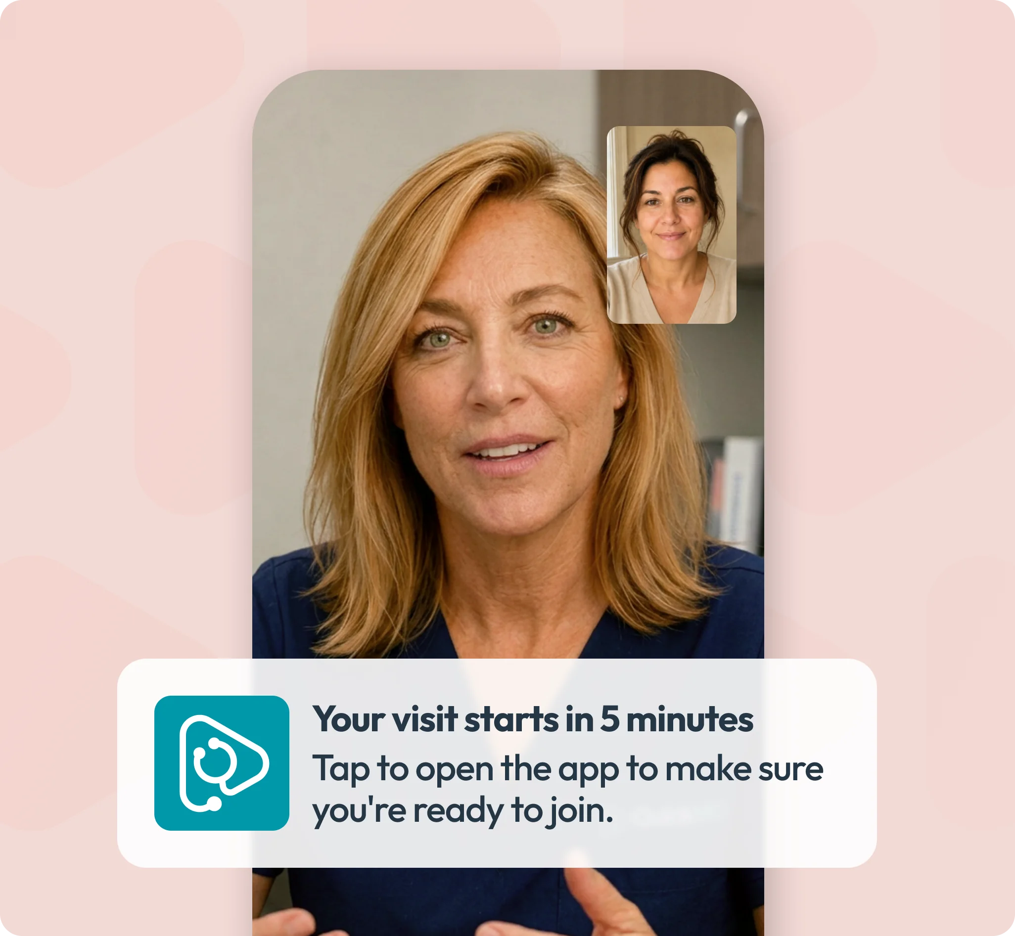 QuickMD telehealth video visit for menopause MHT treatment with doctor and patient on mobile app screen