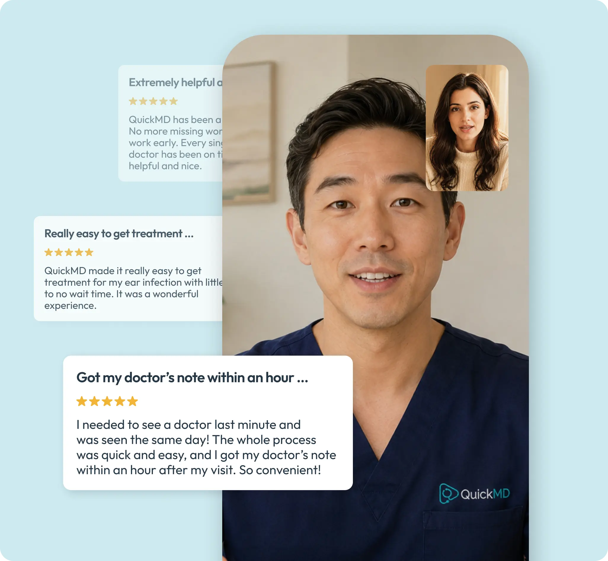 QuickMD telehealth urgent care video consultation with a doctor in scrubs and patient on screen, showing five-star patient reviews