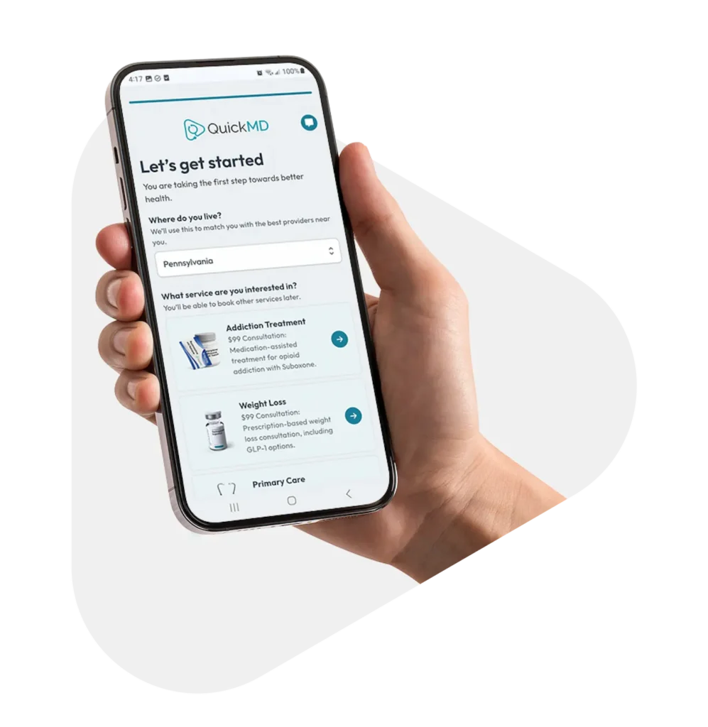 QuickMD app on smartphone displaying different services