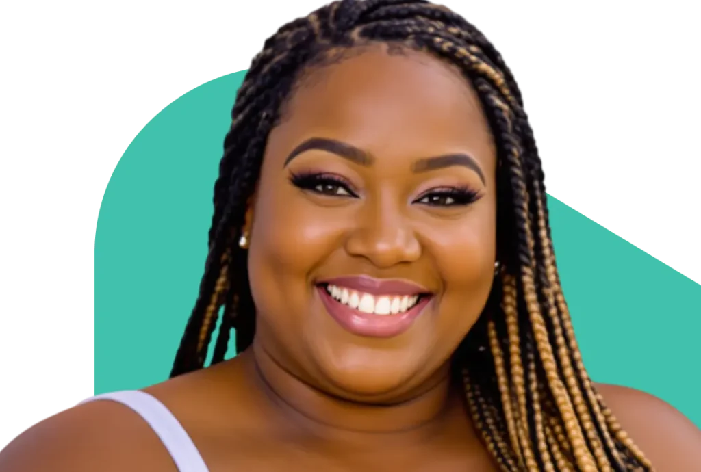 African American woman on a green QuickMD triangle background