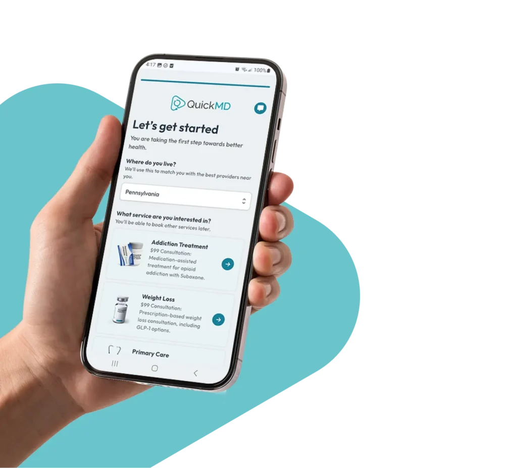QuickMD app on smartphone displaying different services