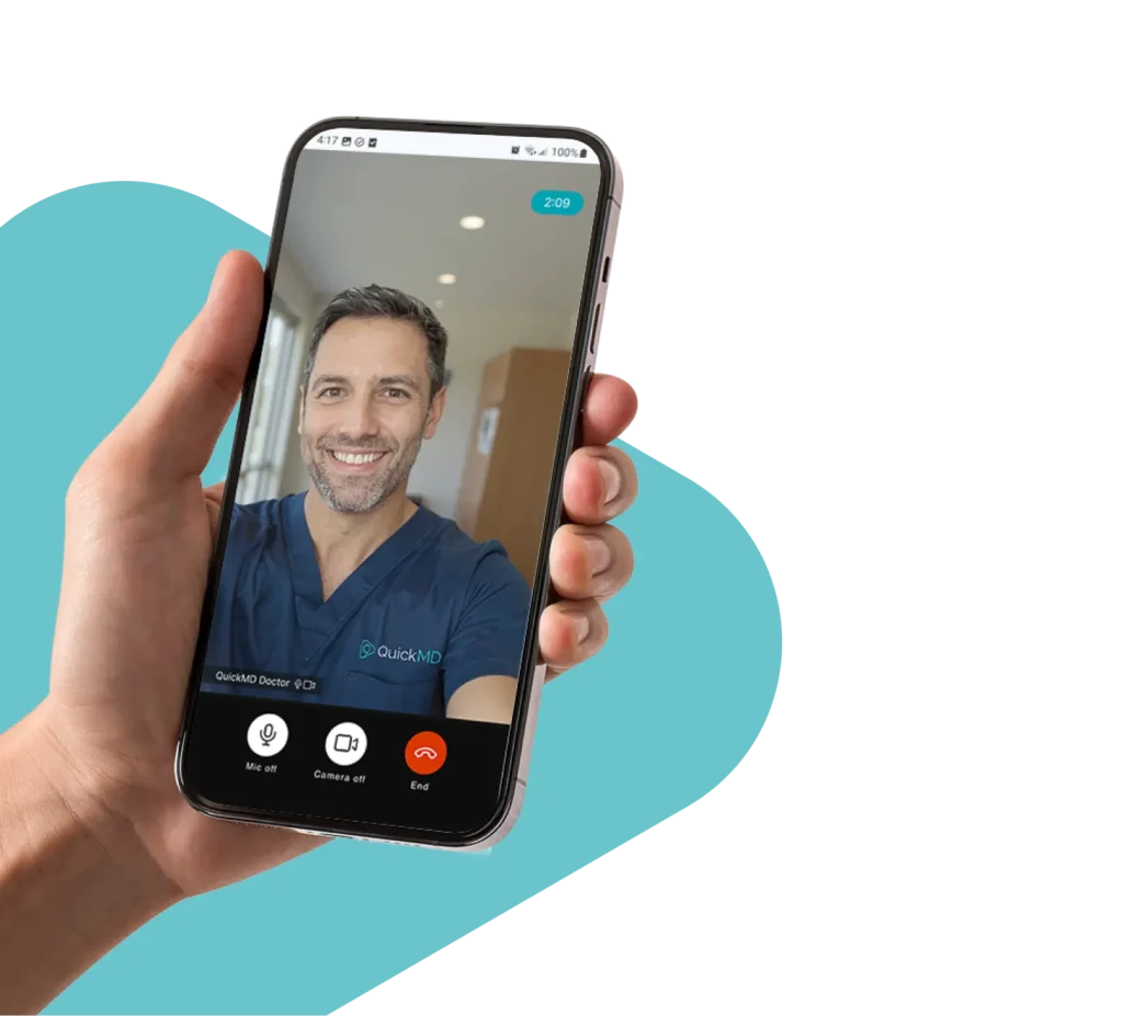 QuickMD app on smartphone displaying a telehealth doctor