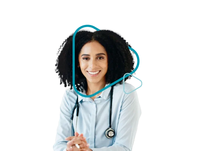 QuickMD doctor with a stethoscope around her neck