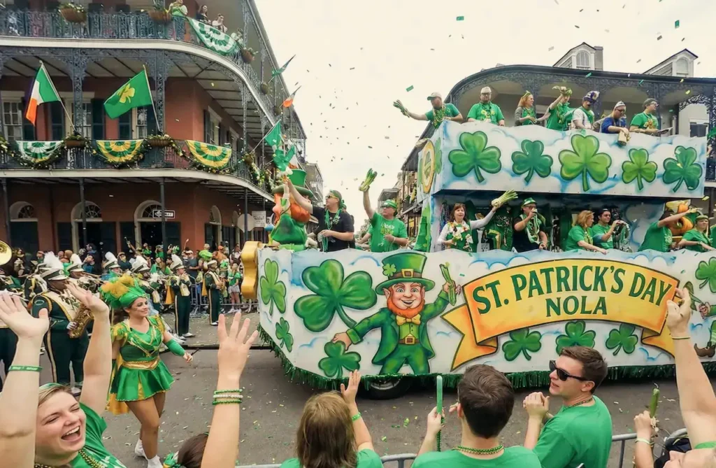 St. Patrick’s Day parade with people dressed in green celebrating as a shamrock-themed float passes by.